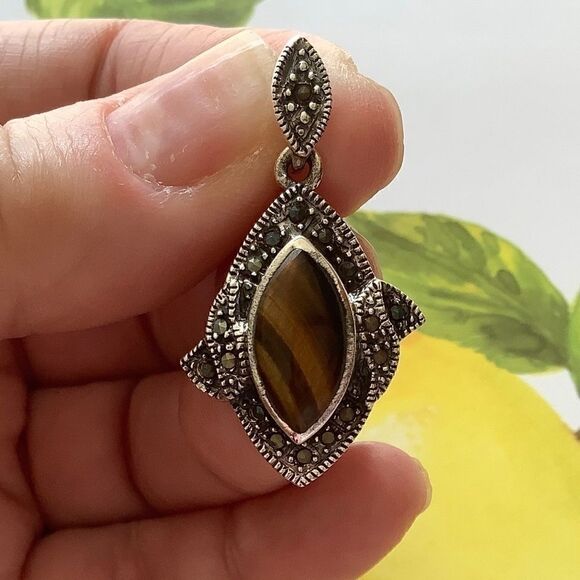 𝅺STERLING SILVER 925 TIGER EYE MARCASITE WOMAN PENDANT​​ - Picture 5 of 7